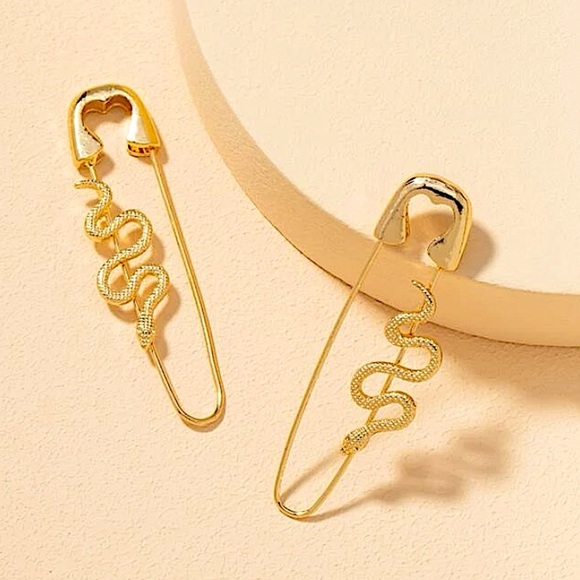 Gold Safety Pin Snake Earrings - Picture 5 of 10